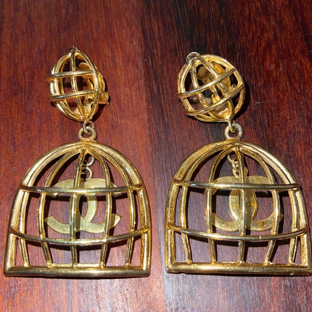 Chanel Large Birdcage 1990’s Gold Earrings with Box CC Vintage Iconic